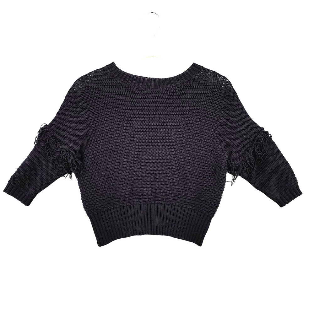 Rebecca Minkoff Womens Boho Western Chunky Sweater XS Black Fringe Shaker Knit